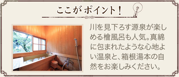 ここがポイント！ 川を見下ろす源泉が楽しめる檜風呂も人気。真綿に包まれたような心地よい温泉と、箱根湯本の自然をお楽しみください。